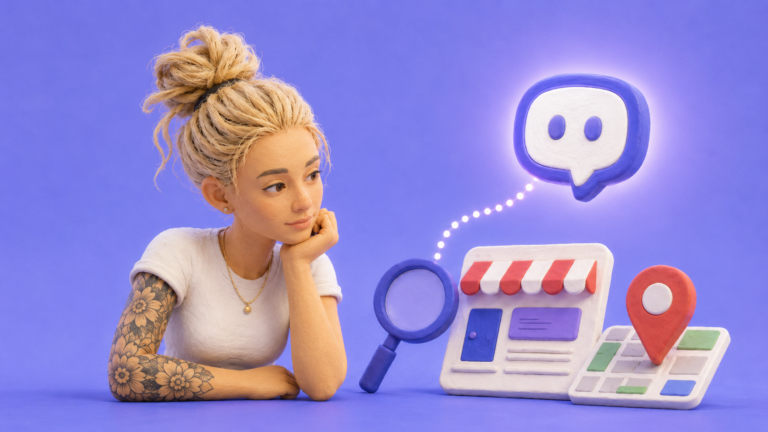 image of clay person looking at a business representing google business profile