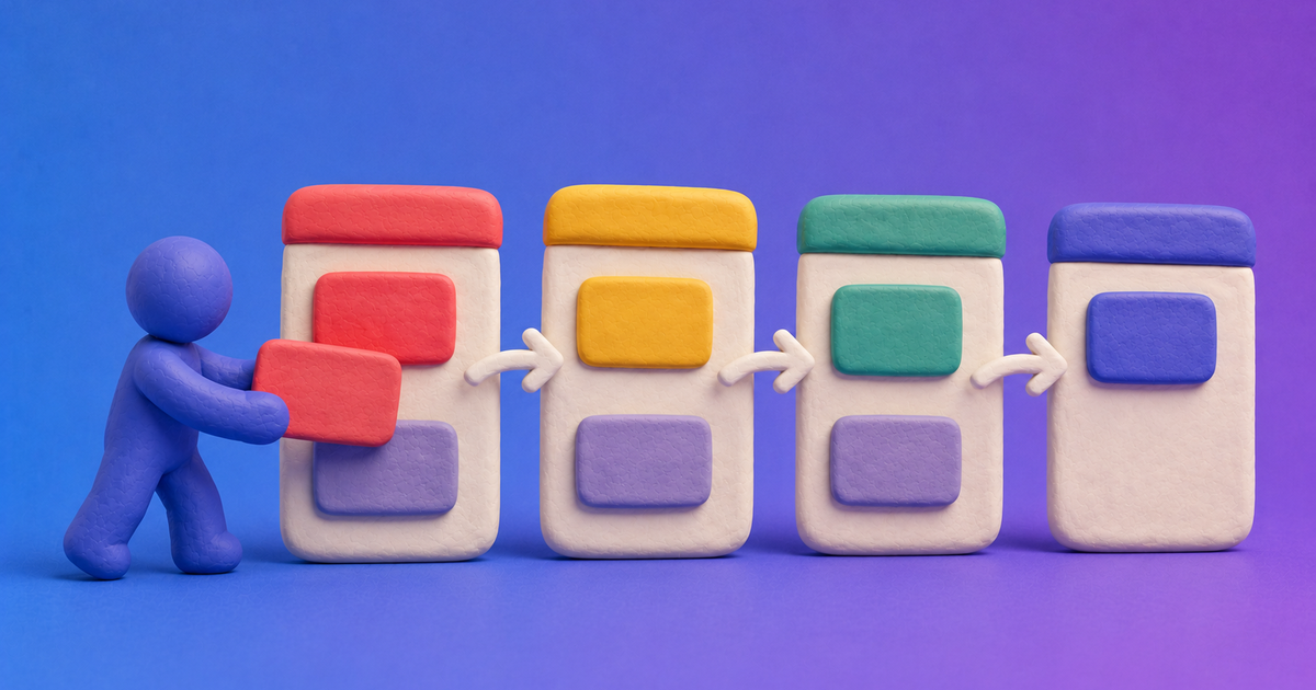 Clay figure moving a card through a kanban-style CRM pipeline with colored stage columns