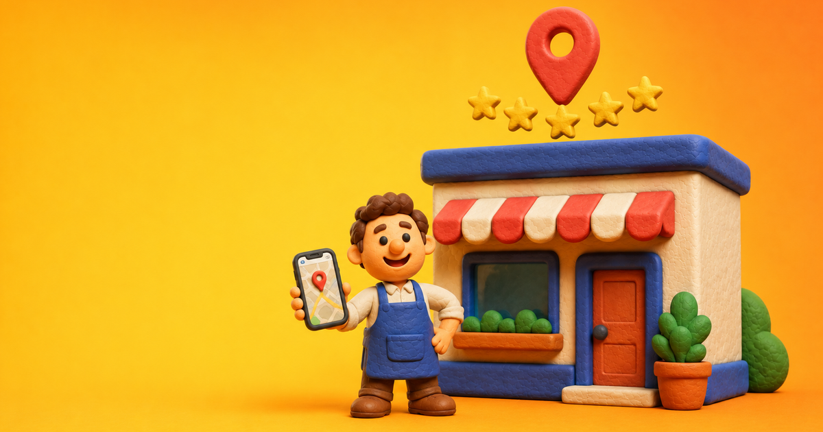 Clay figure of a smiling shop owner outside a storefront with a golden map pin and star rating, warm yellow-orange background