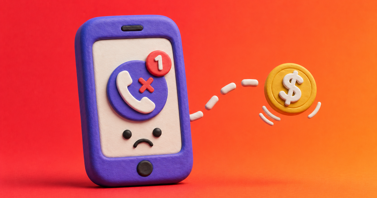 Clay-style smartphone with a sad face and missed call notification, with a coin flying away representing lost revenue from missed calls