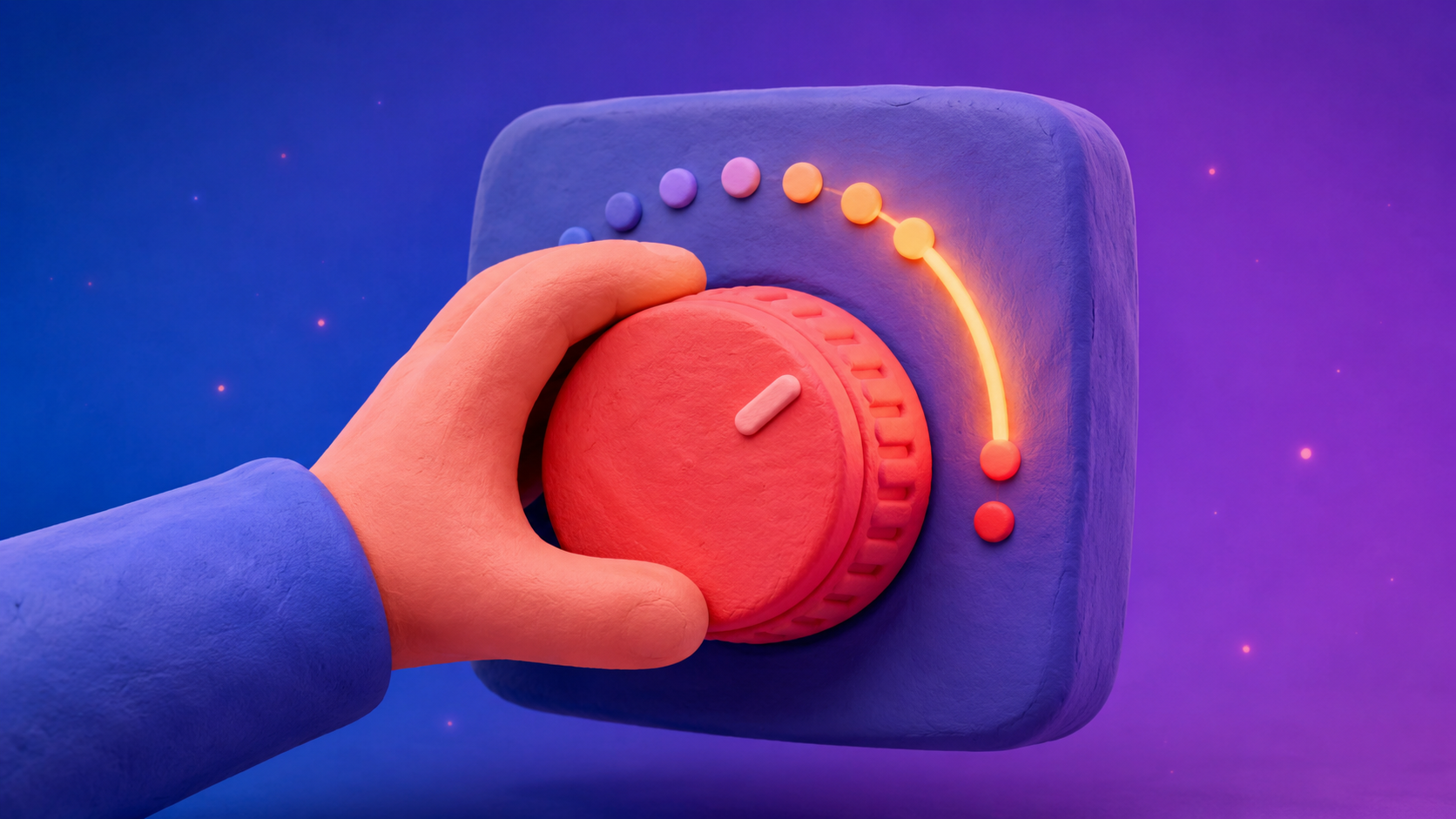 Clay illustration of a hand turning up a red dial, representing SEO as an ongoing dial you turn up rather than a switch you flip once.