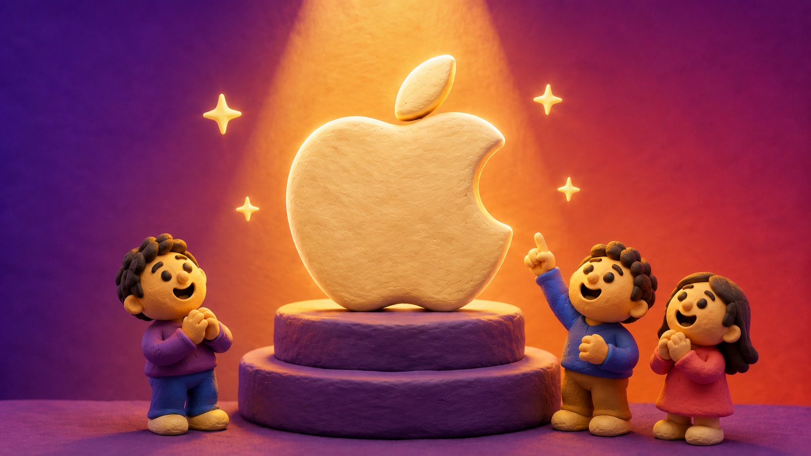 Clay illustration of the Apple logo glowing on a spotlighted pedestal, with admiring fans looking up at it, representing the psychology behind Apple's marketing