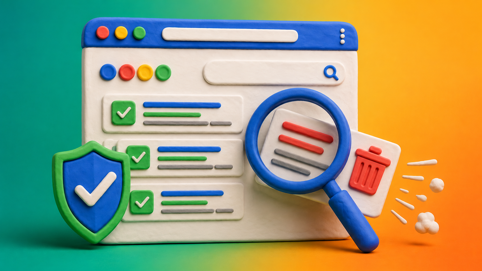 Clay-style illustration of Google search results being filtered for spam, with a shield and magnifying glass icon