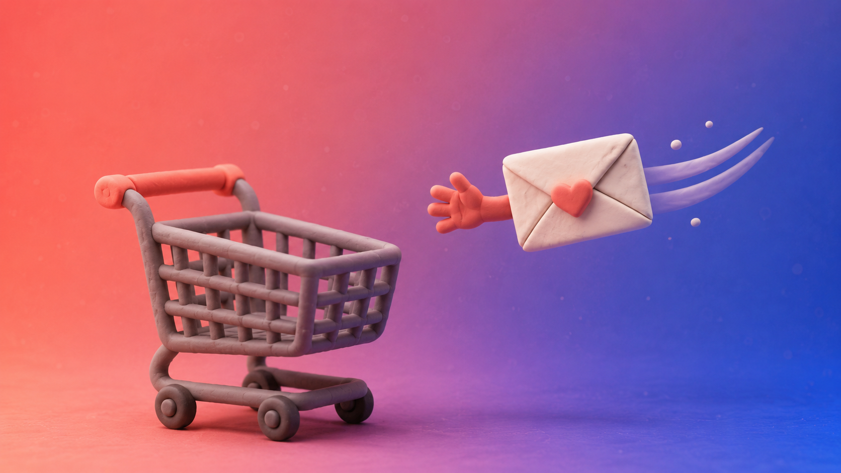 Clay illustration of a lonely shopping cart with a heart-sealed envelope flying back to it, representing an abandoned cart recovery email.