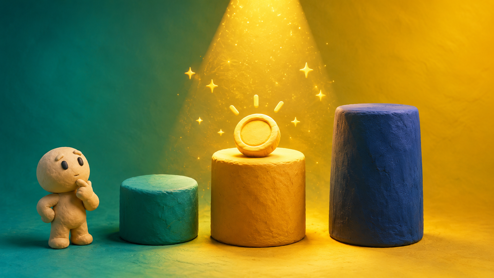 Clay illustration of three pedestals with a spotlight on the middle one and a curious shopper figure looking on, representing the psychology behind pricing tricks
