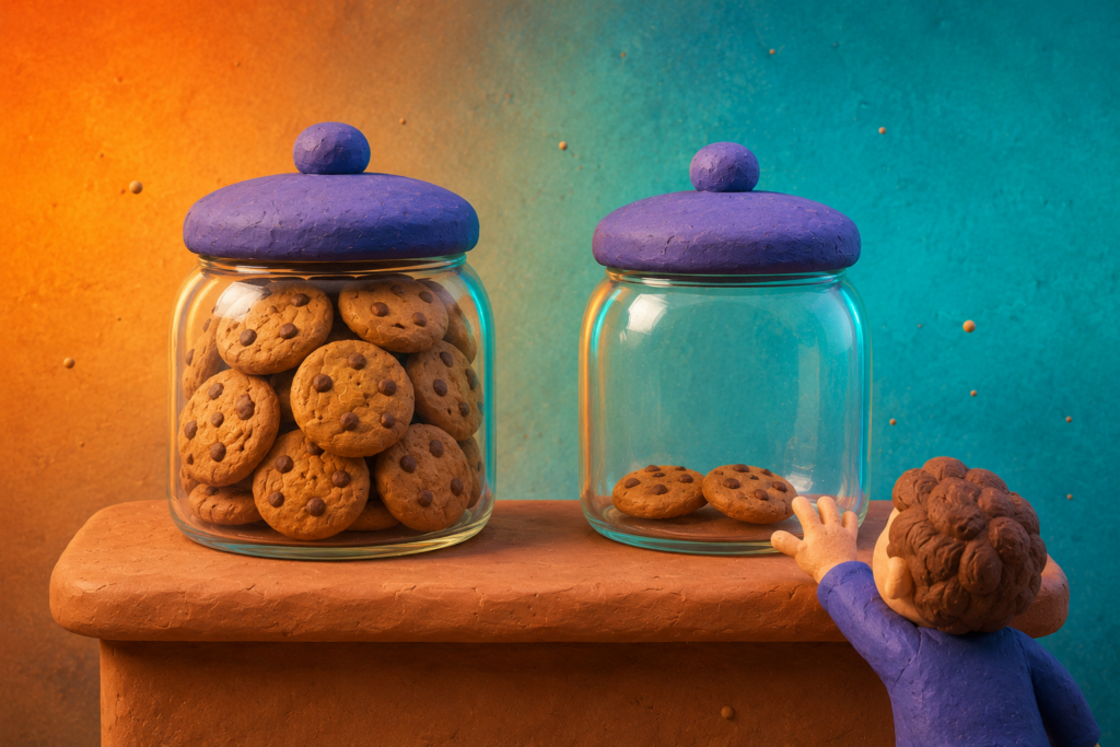 Clay illustration of two cookie jars, one full and one nearly empty, showing how scarcity makes items feel more desirable.