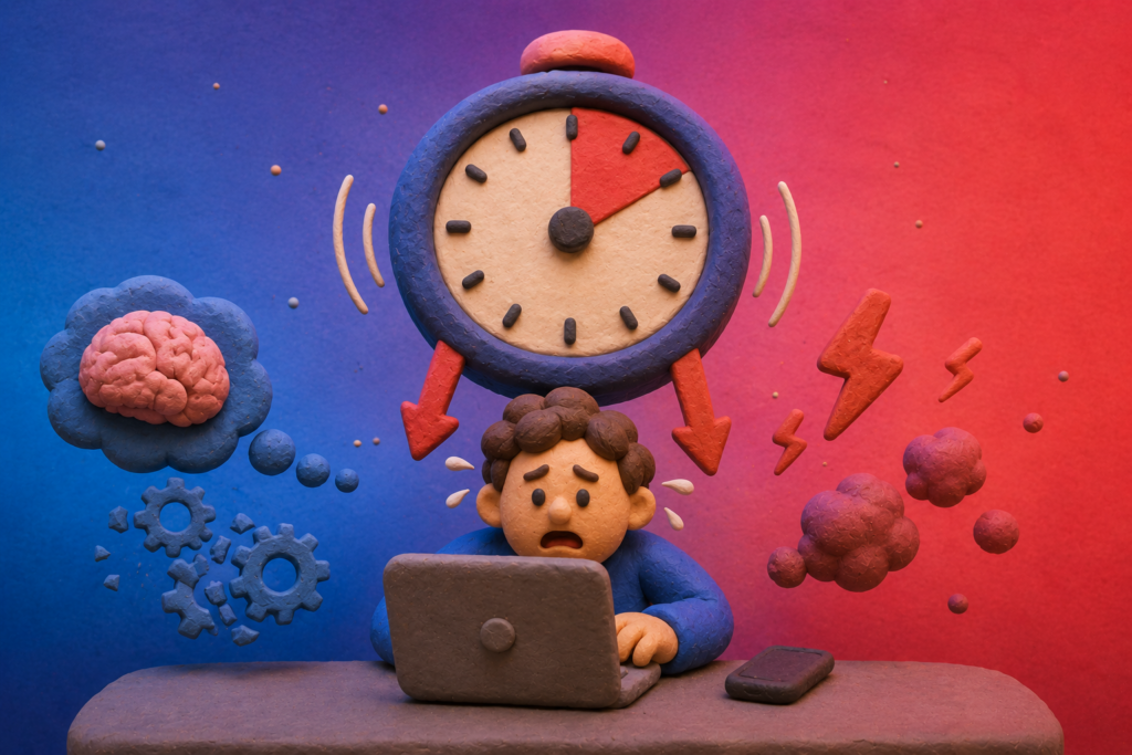 Clay illustration of a stressed shopper at a laptop with a giant countdown timer pushing down, symbolizing how time pressure rushes decisions.
