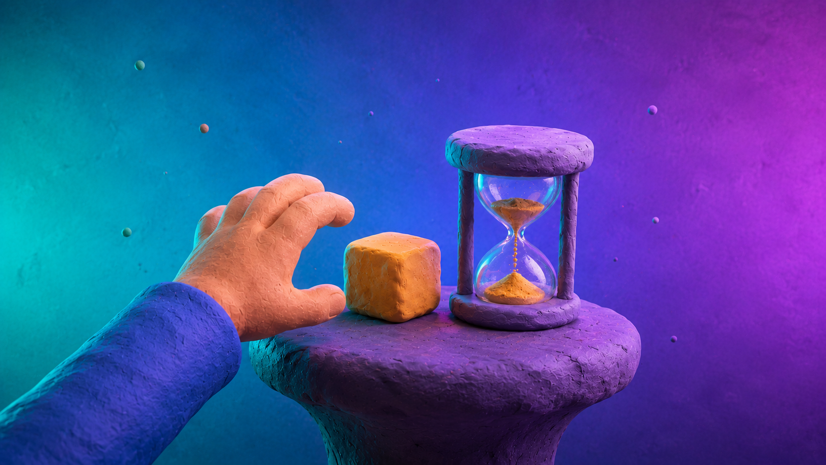 Clay illustration of a hand reaching for the last item on a pedestal next to a draining hourglass, representing scarcity and urgency in pricing psychology.