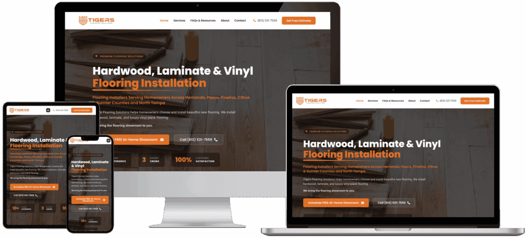 Tigers Flooring Solutions website on desktop, laptop, tablet and mobile