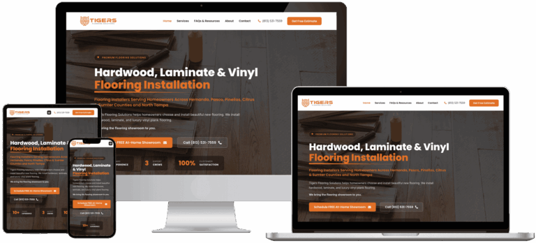 Tigers Flooring Solutions website on desktop, laptop, tablet and mobile