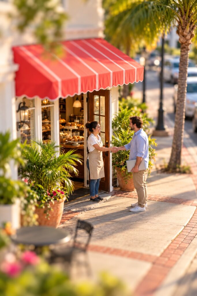 Tilt-shift view of a bakery owner shaking hands with a visitor outside her shop