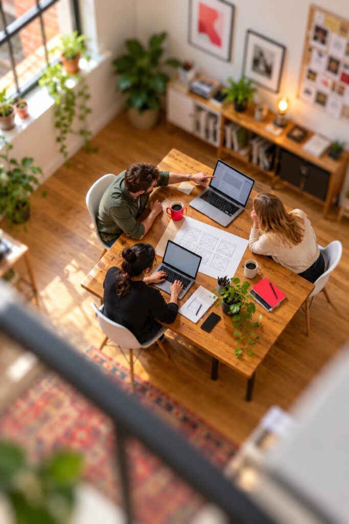 Overhead tilt-shift view of three people planning a website at a wooden meeting table