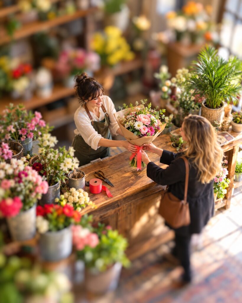 Tilt-shift view of a florist handing a bouquet to a customer across the counter