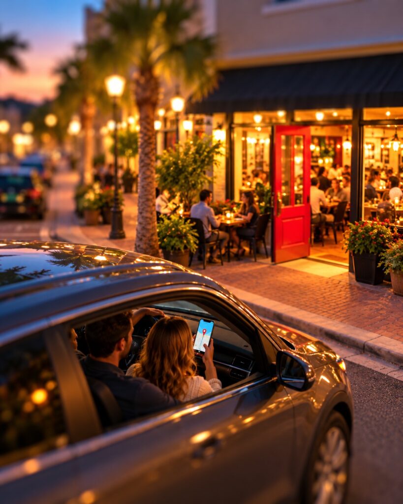 Tilt-shift view of a couple in a car using a phone map to find a restaurant with a red door