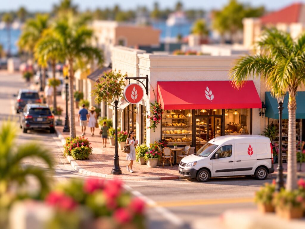 Tilt-shift photo of a small-town bakery with its emblem on the sign, awning and delivery van