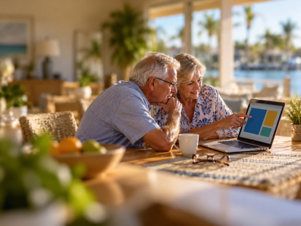 Tilt-shift photo of an older couple using a laptop together at their kitchen table