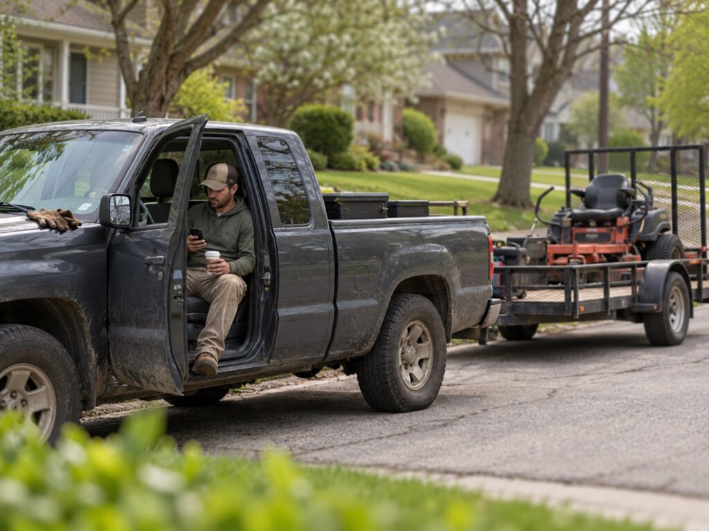 Landscaping business owner checking his phone in his truck between jobs