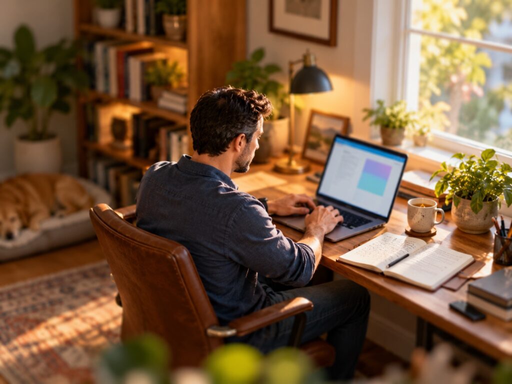 Tilt-shift photo of a writer working on an article in a cozy home office