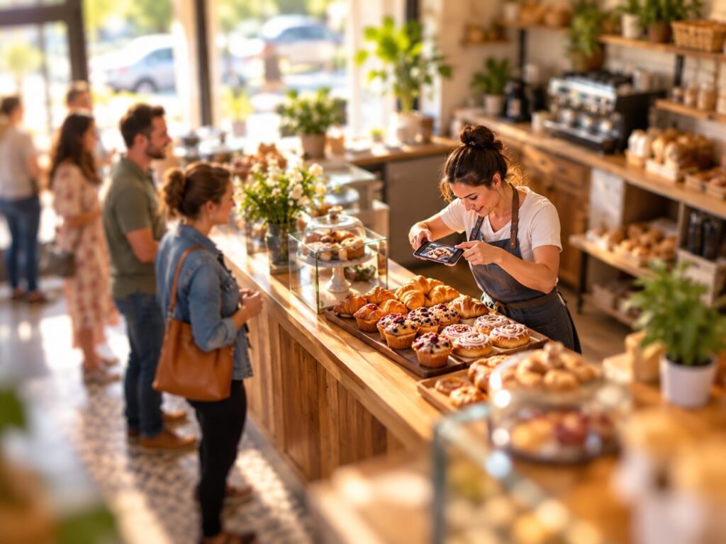 Tilt-shift photo of a bakery owner photographing pastries for social media