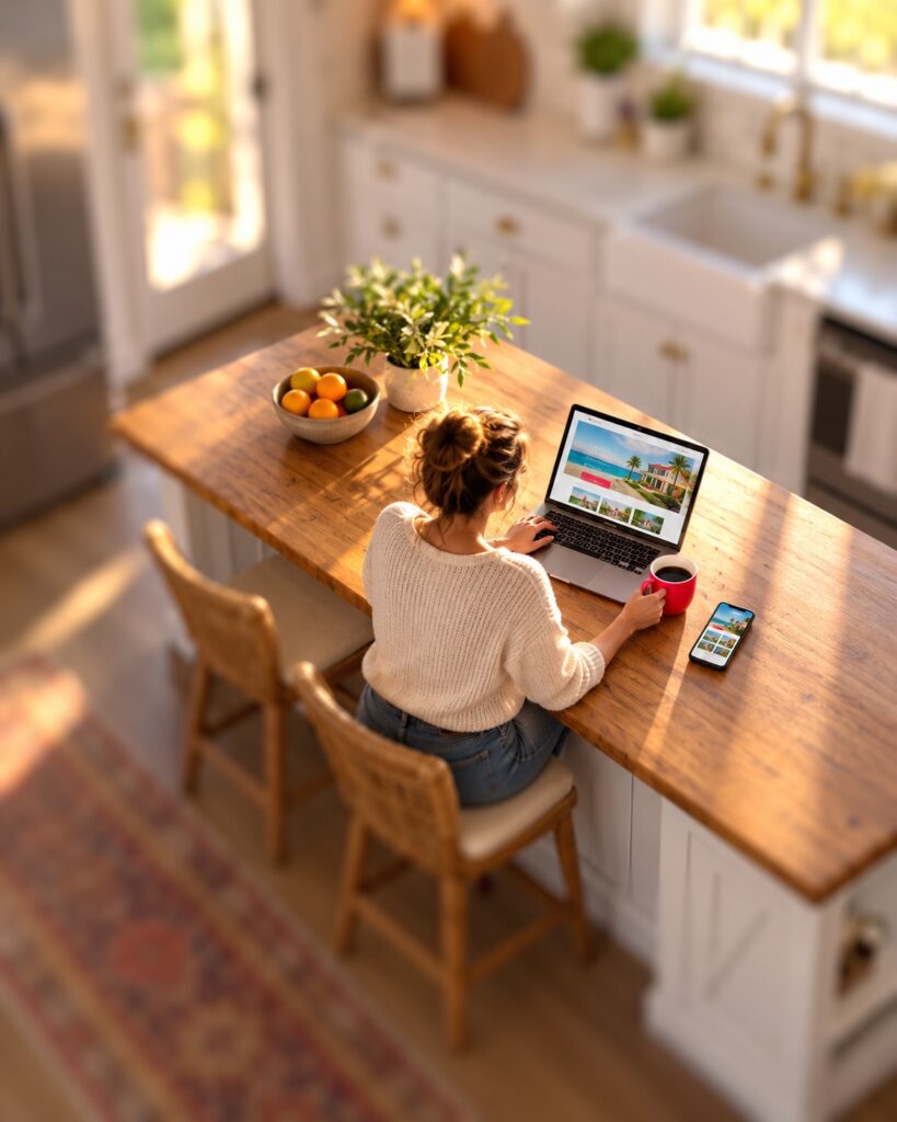 Tilt-shift view of a woman at a kitchen island browsing a business website on a laptop with coffee