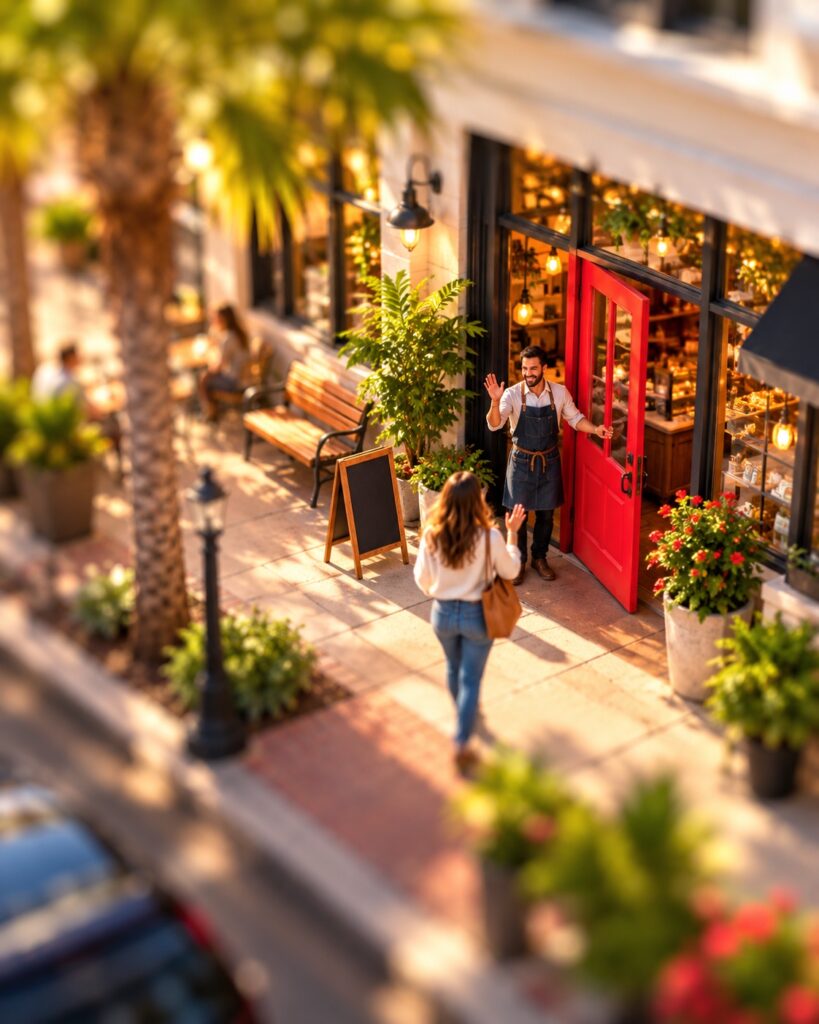 Tilt-shift view of a cafe owner waving a customer in through a red door