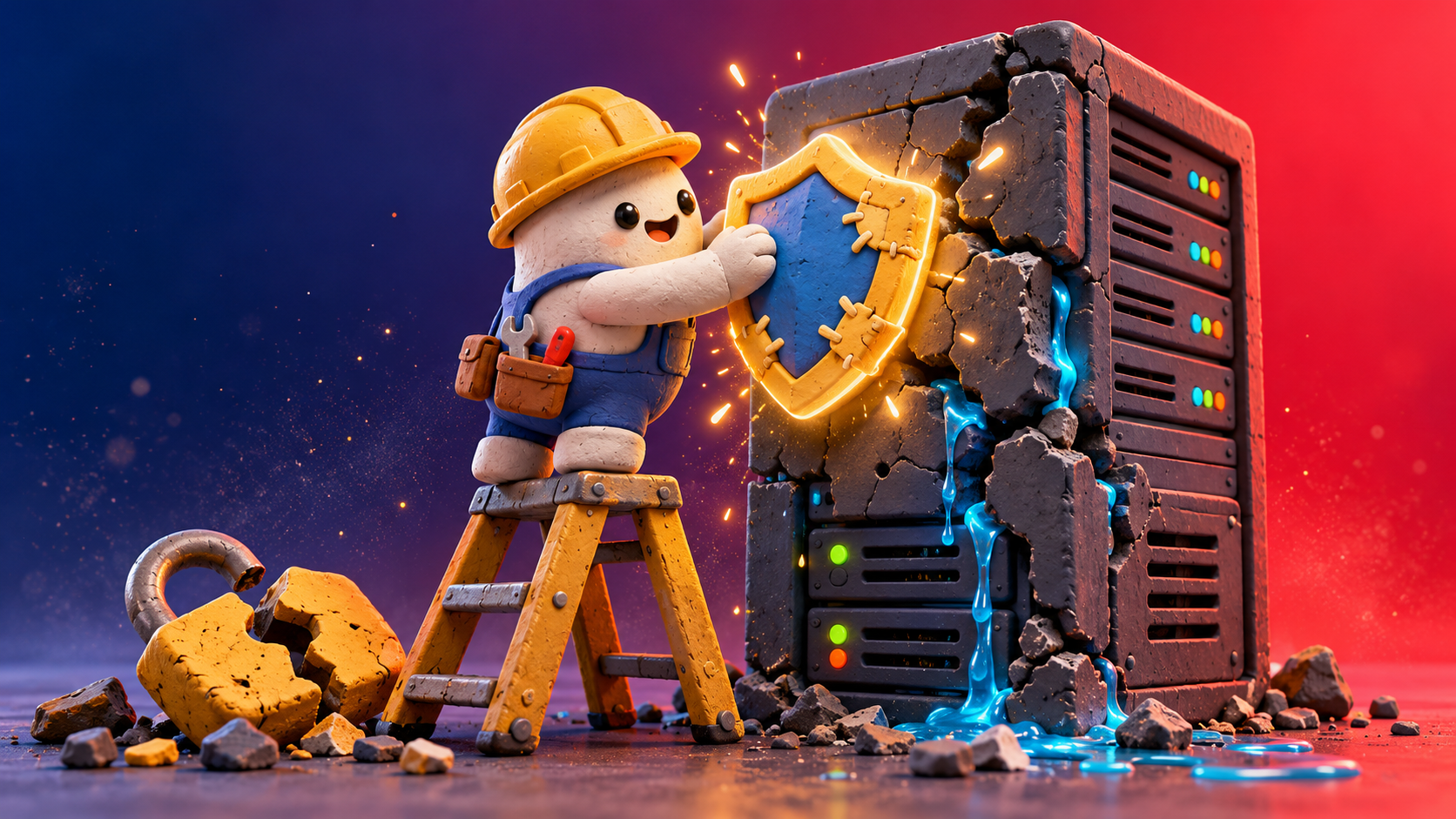 Clay cartoon builder in a hard hat patching a cracked server with a glowing shield, illustrating the PHP2Shell PHP vulnerability fix